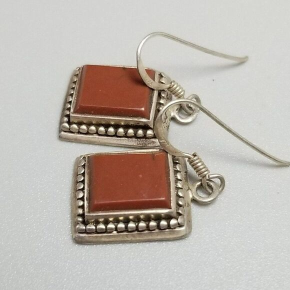 Vintage Sterling Silver Rectangle Red Stone Dangle Earrings, Minimal Design, 925 - Picture 8 of 9
